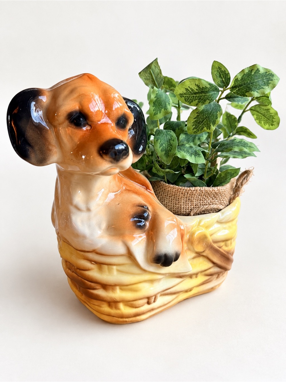 Vintage American Bisque Ceramic Puppy Dog in Basket Planter